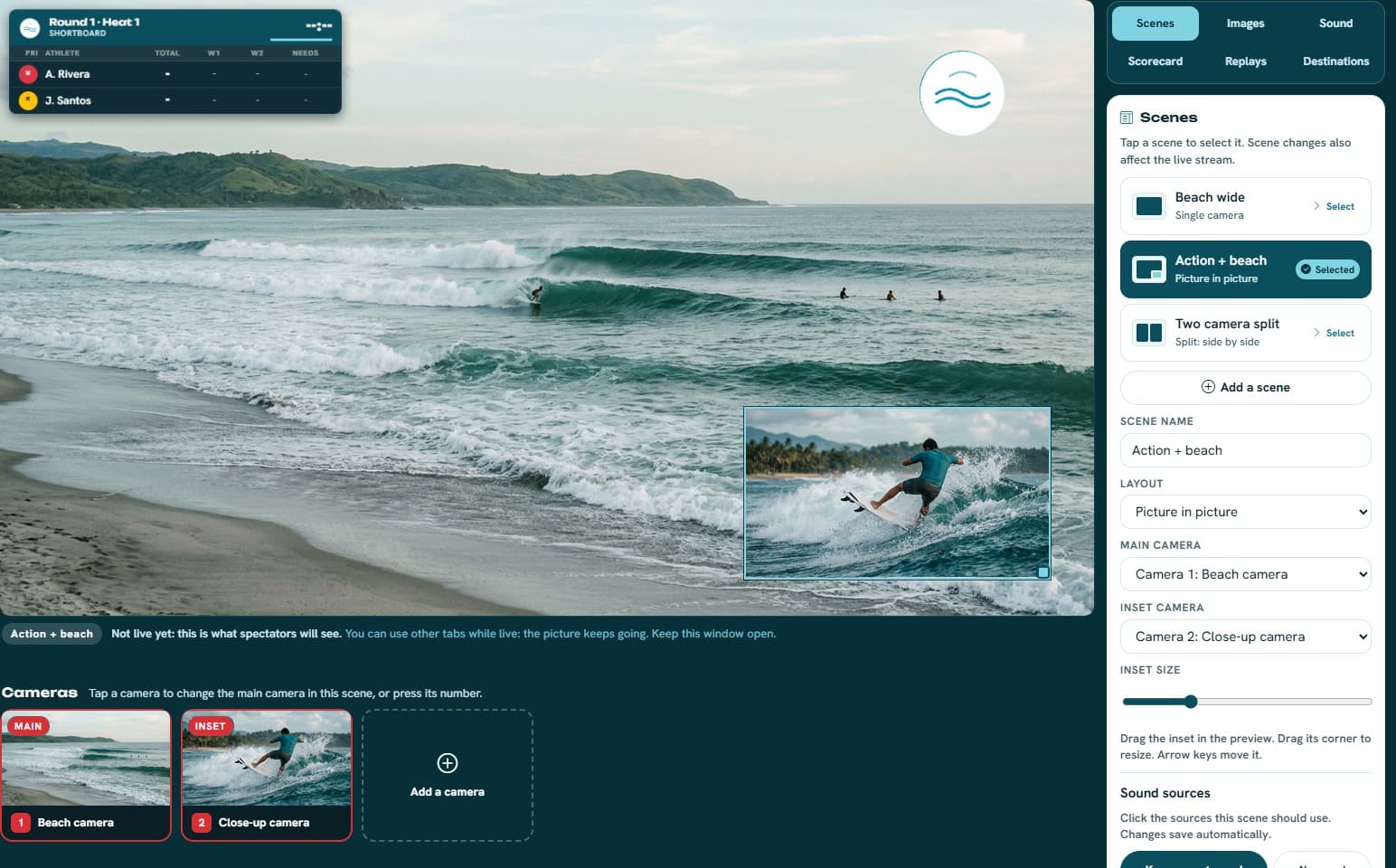 AGOS Studio showing a picture-in-picture scene with a beach camera and a close-up surfer inset, added cameras, and scene controls.